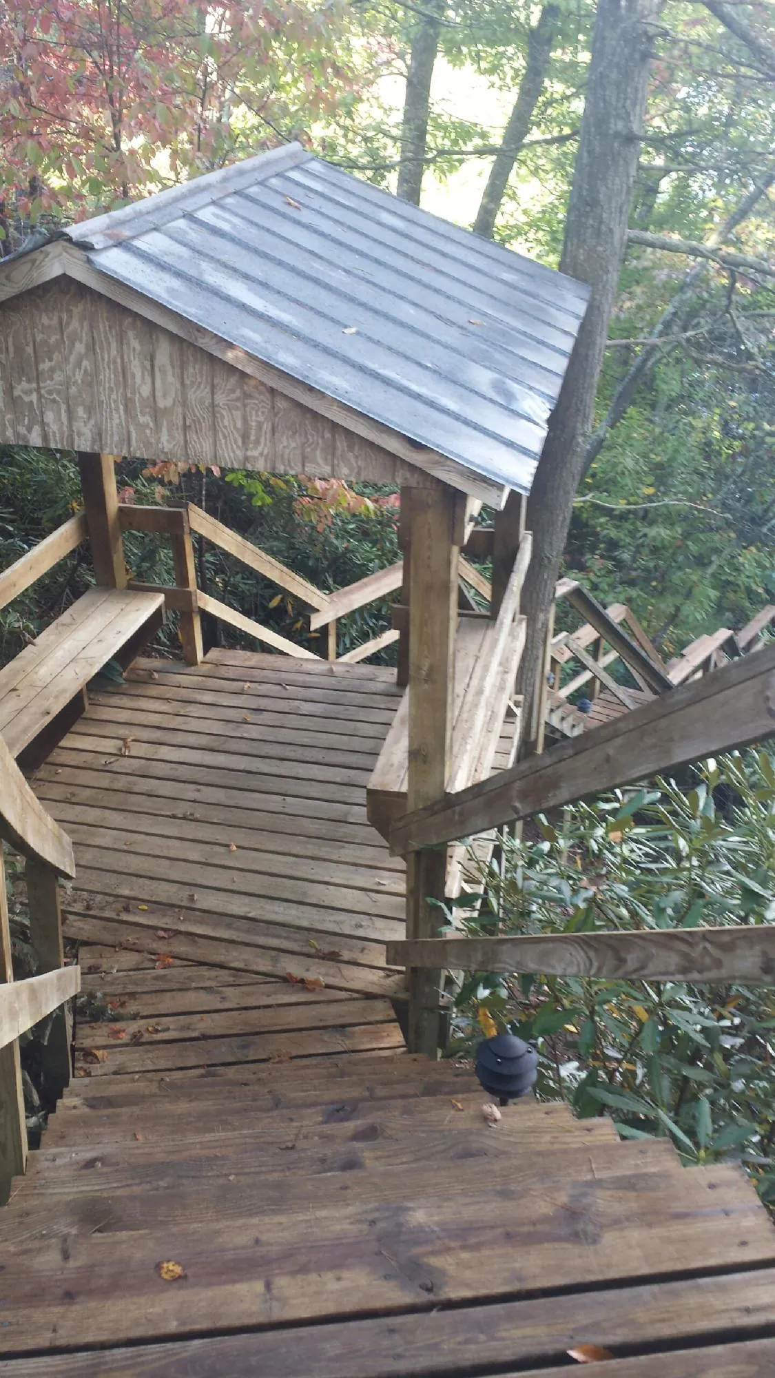 Metal roofed shelter over wooden steps on a wooded walkway — Skylight Repair & Installation work by our crew in Dyersville